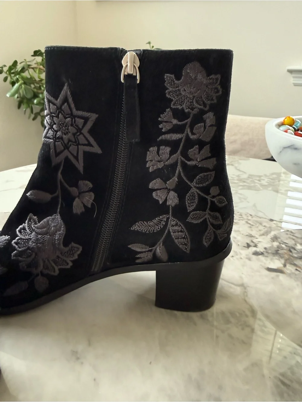 Johnny Was Black Suede Ankle Boots with Silver-Gray Floral Embroidery - Picture 4 of 9
